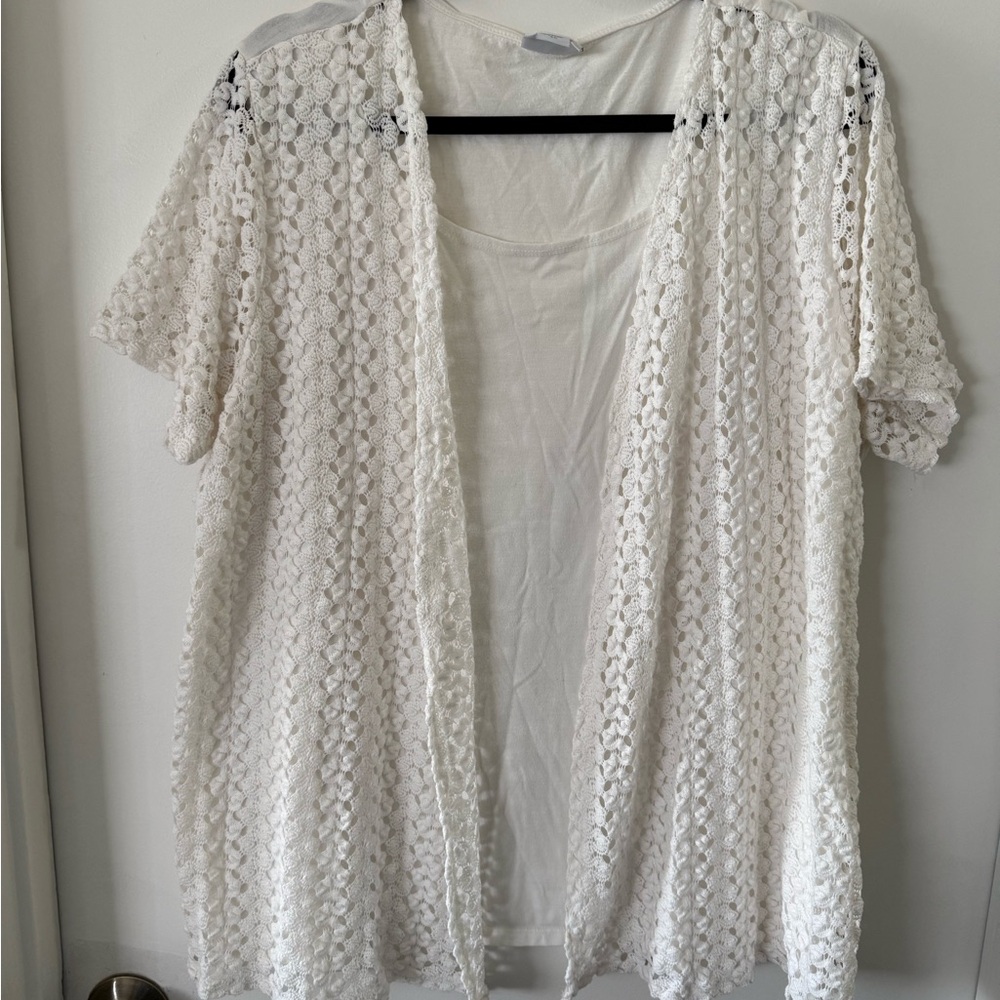 Woman’s Plus Ivory Blouse Shirt W Attached Open Knit Over Shirt 2X